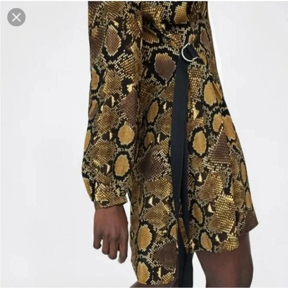 ZARA SNAKESKIN ANIMAL PRINT LONG SLEEVE BELTED BLACK BROWN YELLOW DRESS SZ XS - Picture 4 of 16